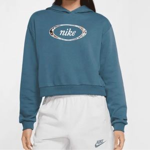 Nike NSW Floral Logo Cropped Pullover Hoodie Loose Fit Women’s Teal